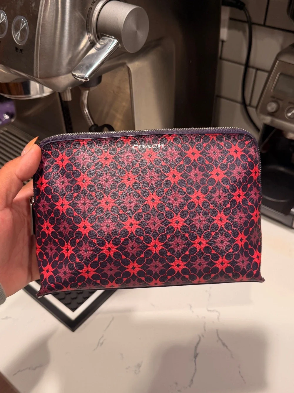 Coach Pink and Purple Signature Coated Canvas Cosmetic Pouch